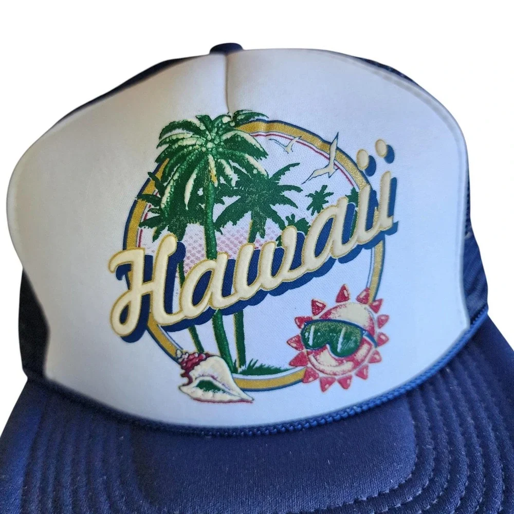 Vintage Hawaii Trucker Snapback Hat 80s 90s Palm Tree Nissin Cap Navy Blue White